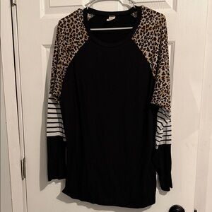 Chic Black and Leopard Print Long Sleeve Top